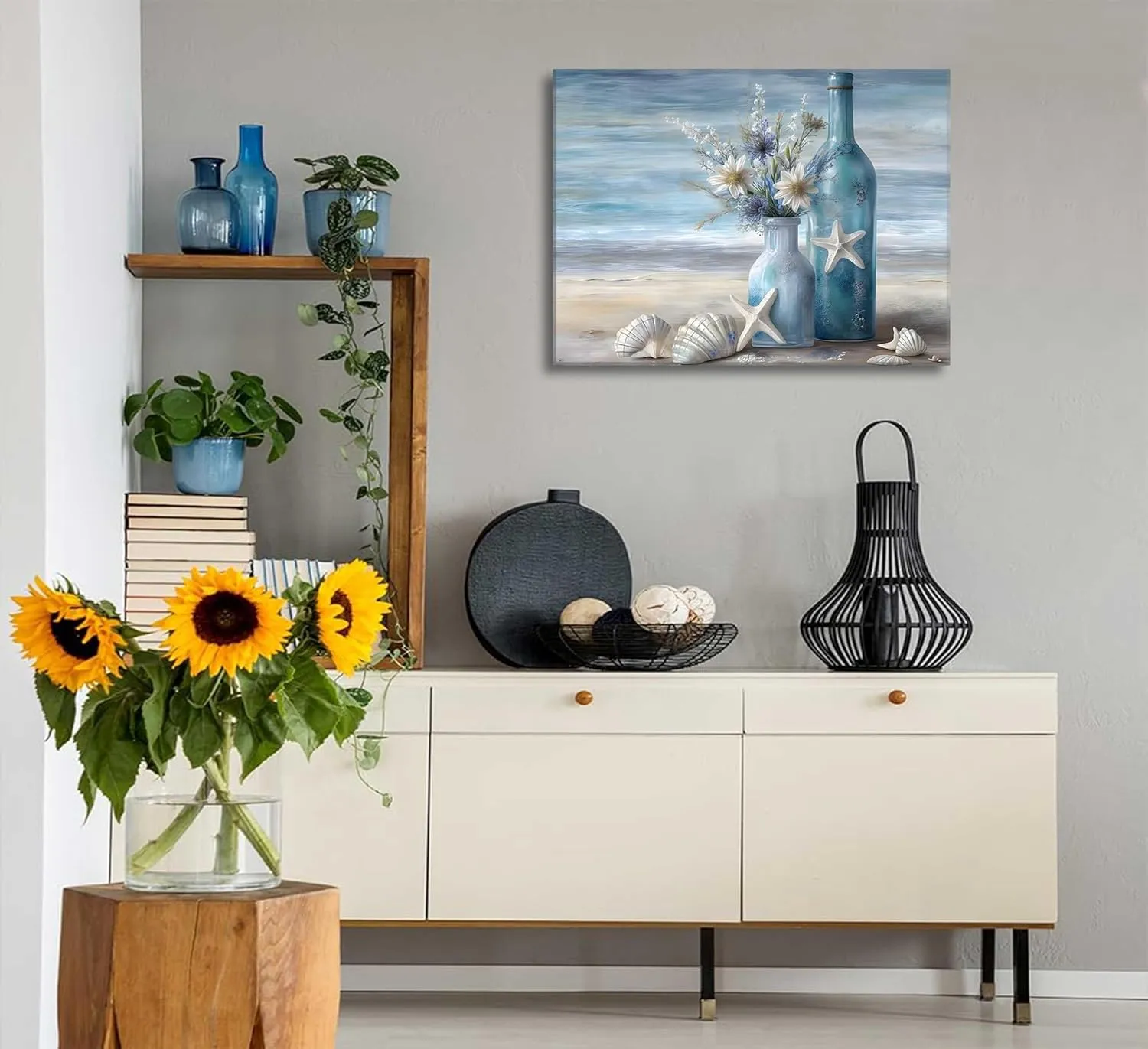 Blue Beach Ocean Flower Canva Wall Art Coastal Seascape Floral Vase Poster Picture Starfish Conch Theme Painting Rustic Shell Print for Bedroom Bathroom Living Room Office Wall Decor Framed