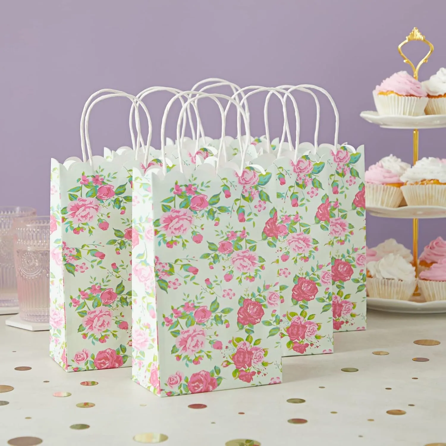 BLUE PANDA 24 Pack Small Floral Gift Bags with Handles, 5x8.5x3 Inches, Ideal for Mother's Day, Birthday, Weddings, Baby Shower, Themed Party Favors