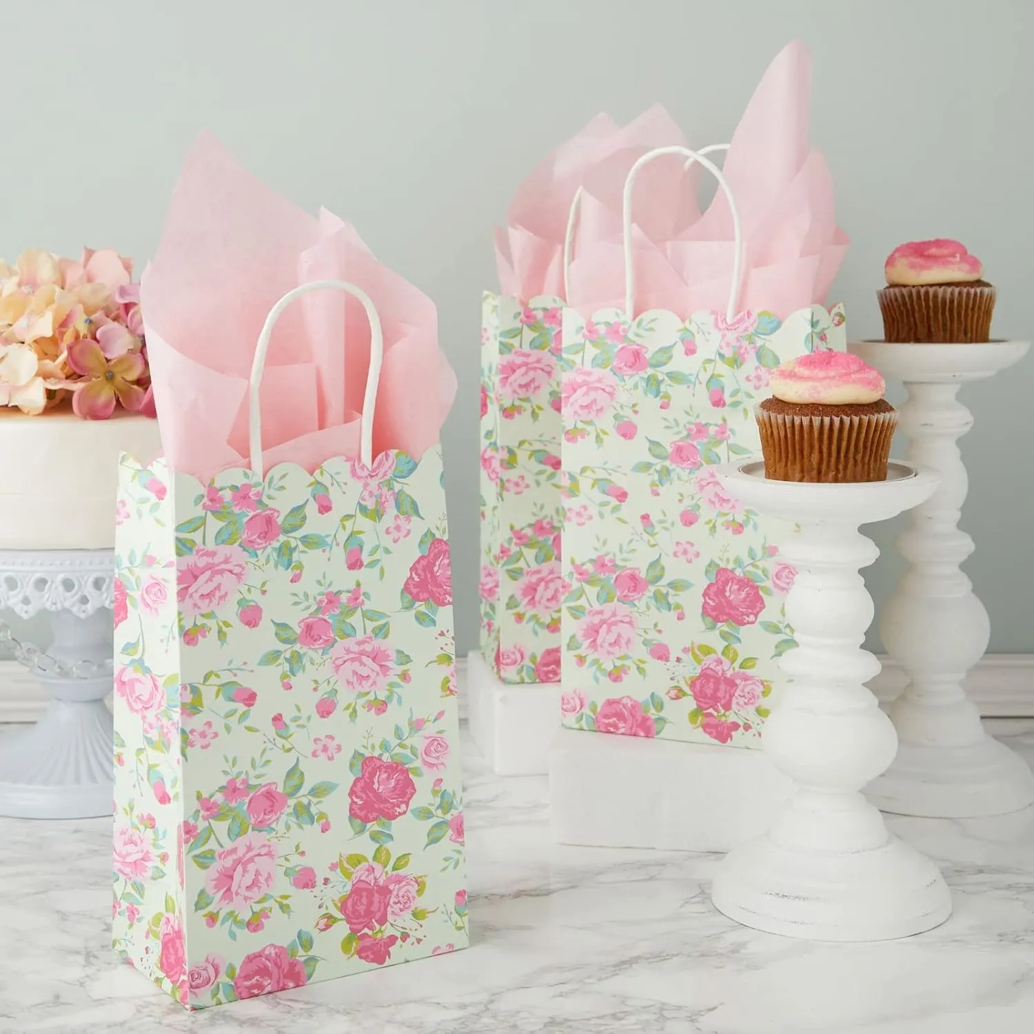BLUE PANDA 24 Pack Small Floral Gift Bags with Handles, 5x8.5x3 Inches, Ideal for Mother's Day, Birthday, Weddings, Baby Shower, Themed Party Favors