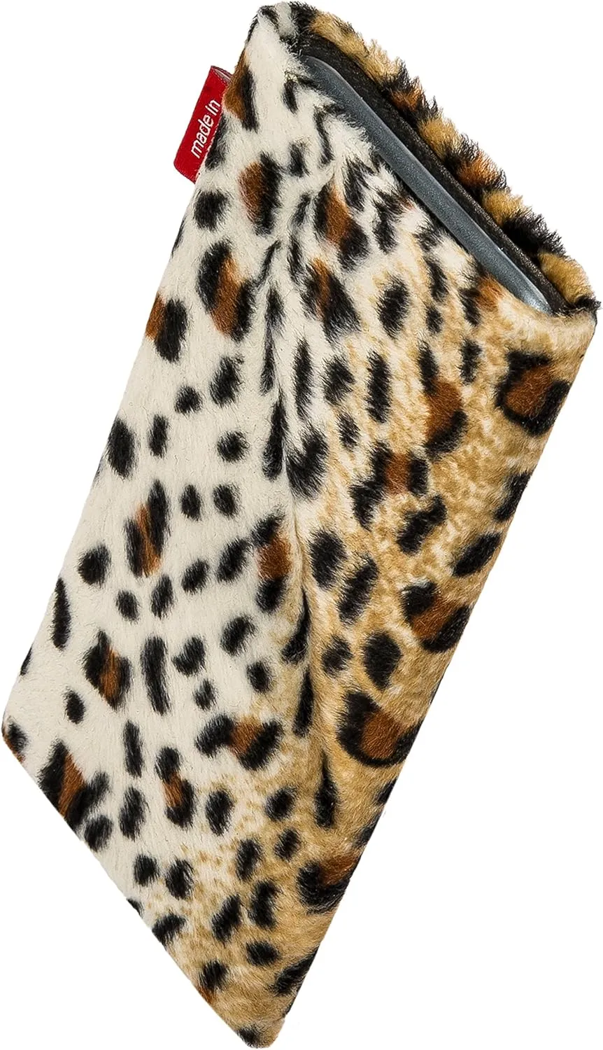 Bonga Leopard Custom Tailored Sleeve for Mobistel Cynus T8. Fine Imitation Fur Pouch with Integrated Microfibre Lining for Display Cleaning