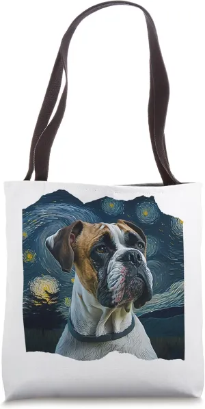 Boxer Portrait Starry Night Van Gogh Impressionist Style Tote Bag