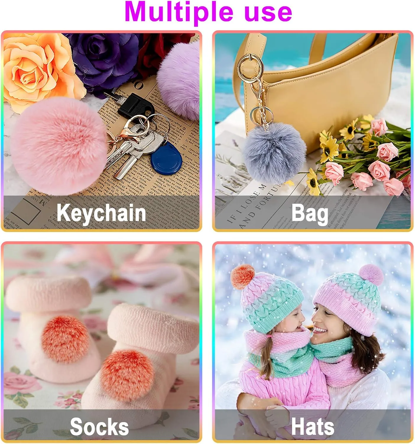 BQTQ 26 Pieces Faux Fur Pom Poms DIY Fluffy Faux Fur Pom Pom with Elastic Buckle for Bag Accessories Gloves Scarf Key Ring (13 Colours)