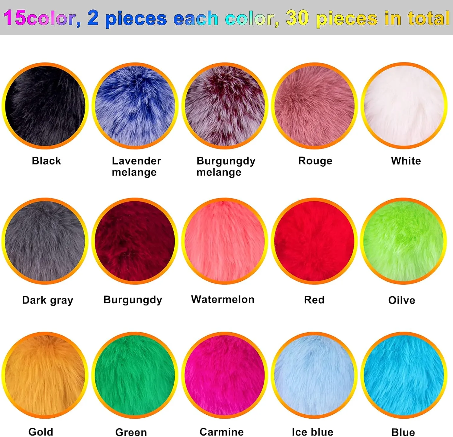 BQTQ 30 Pieces Faux Rabbit Fur Pom Pom Fluffy Pompom Balls with Elastic Loop for Hats Keychains Scarves Gloves Bags Accessories(15 Colors, 2 Pcs Each Color)