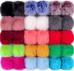 BQTQ 30 Pieces Faux Rabbit Fur Pom Pom Fluffy Pompom Balls with Elastic Loop for Hats Keychains Scarves Gloves Bags Accessories(15 Colors, 2 Pcs Each Color)