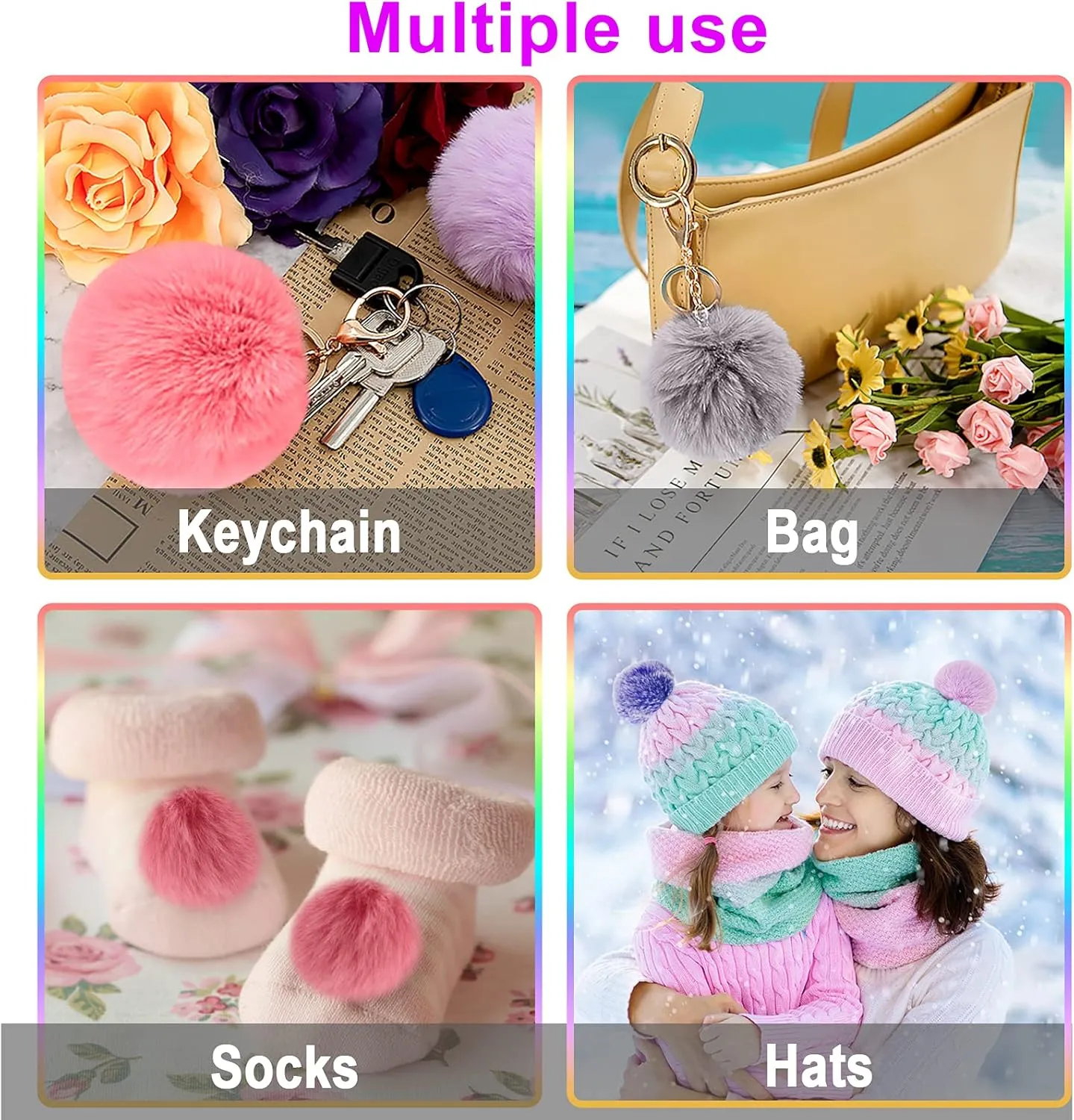 BQTQ 30 Pieces Faux Rabbit Fur Pom Pom Fluffy Pompom Balls with Elastic Loop for Hats Keychains Scarves Gloves Bags Accessories(15 Colors, 2 Pcs Each Color)
