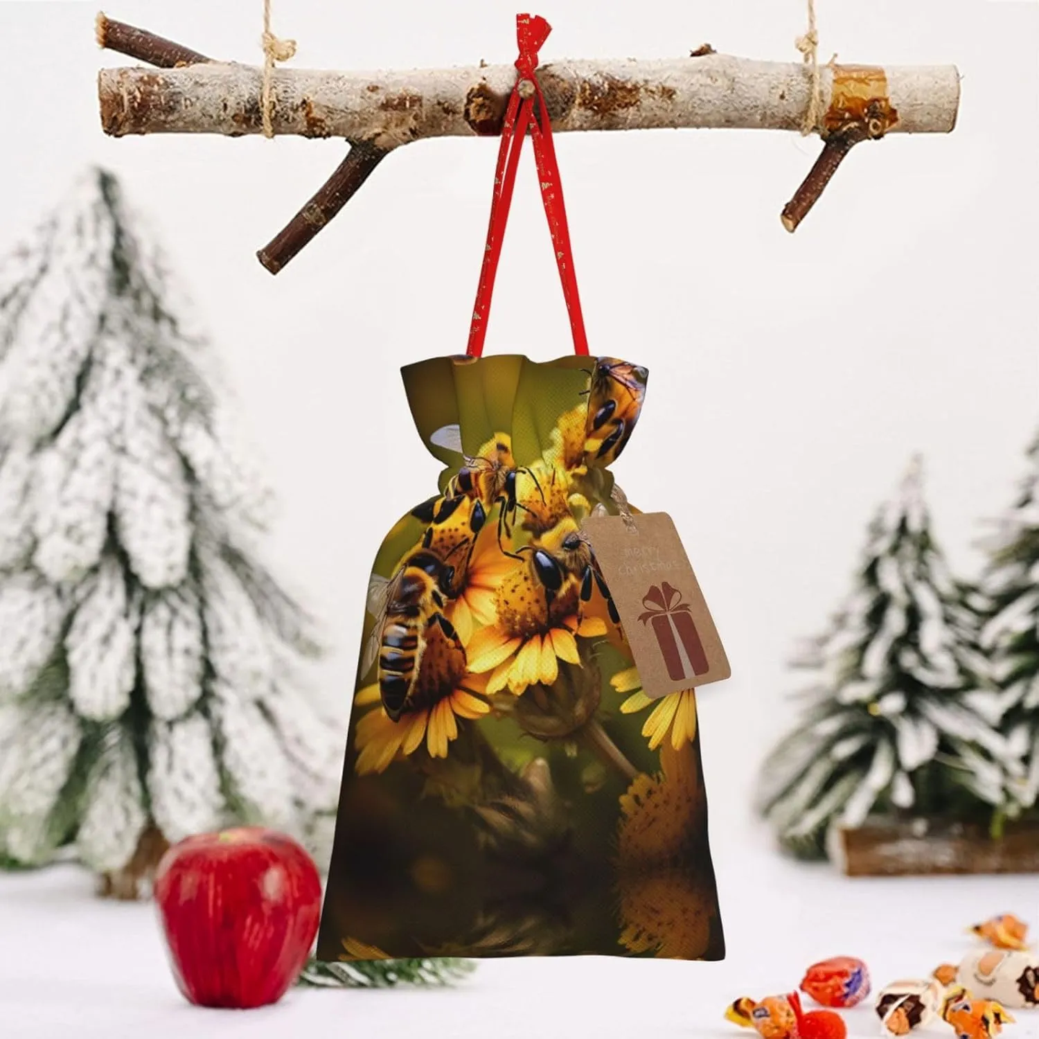 BrUgui Festive Gift Bags Set â€“ Reusable Packaging for Christmas, Birthdays, and Parties - Decorative Gift Pouches Rural Honey Bees flowers