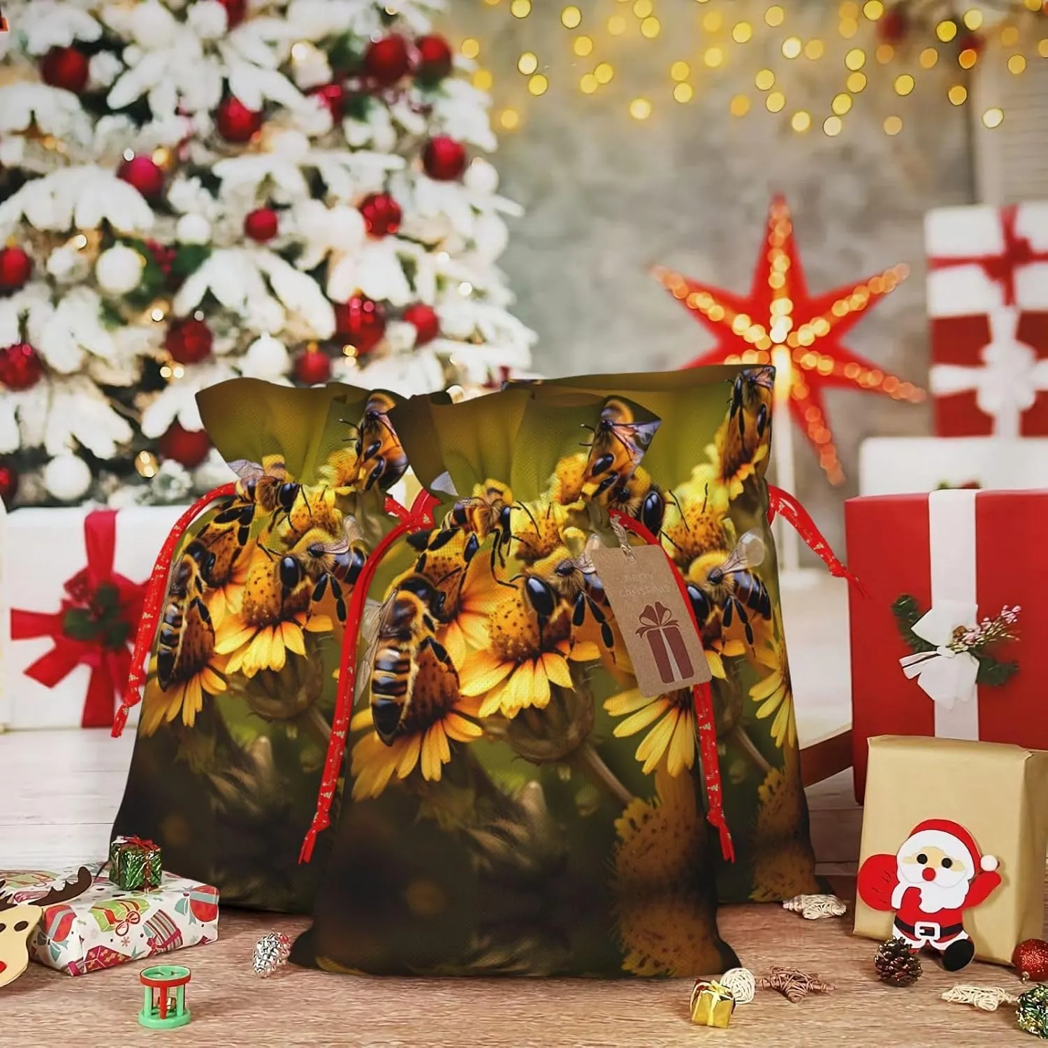 BrUgui Festive Gift Bags Set â€“ Reusable Packaging for Christmas, Birthdays, and Parties - Decorative Gift Pouches Rural Honey Bees flowers