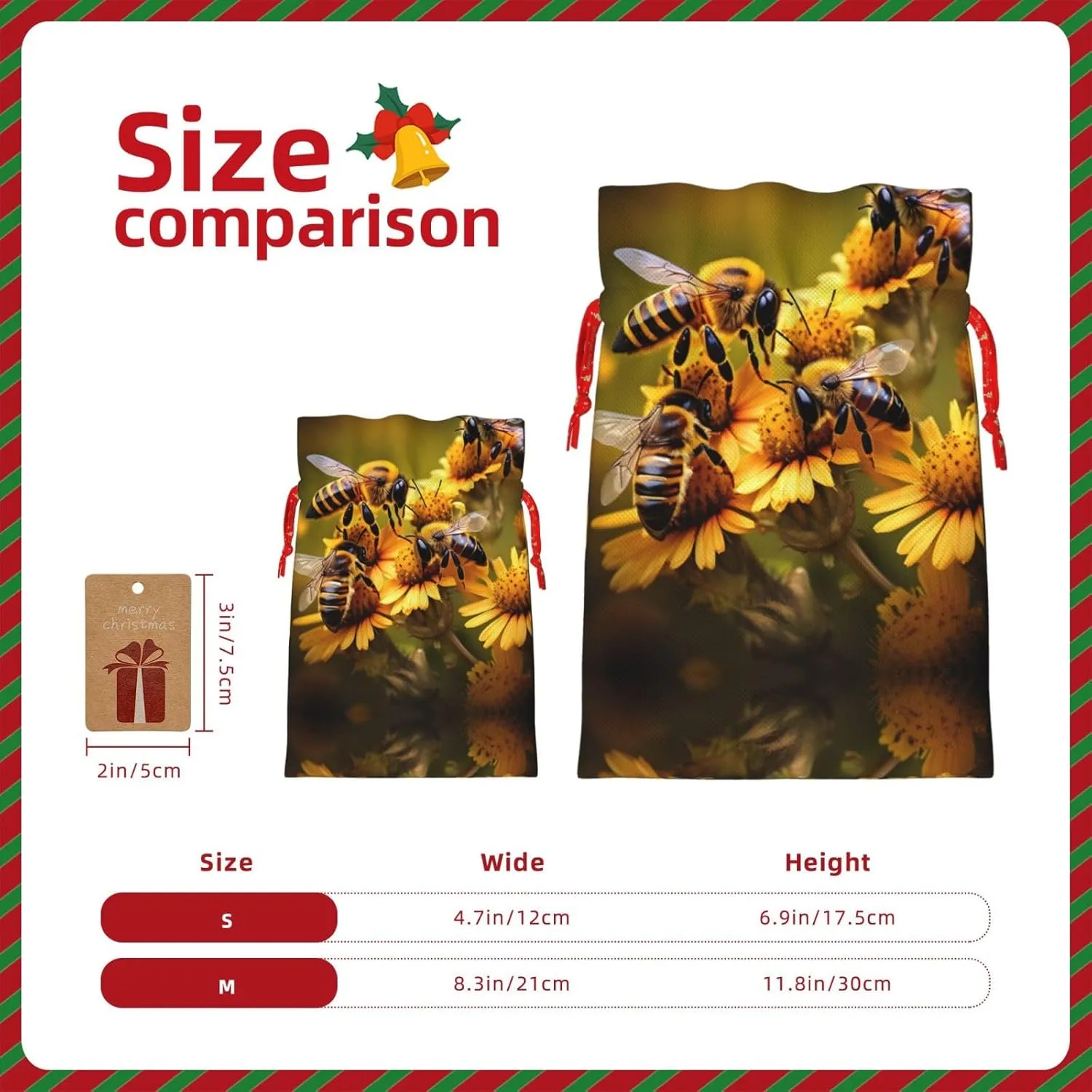 BrUgui Festive Gift Bags Set â€“ Reusable Packaging for Christmas, Birthdays, and Parties - Decorative Gift Pouches Rural Honey Bees flowers