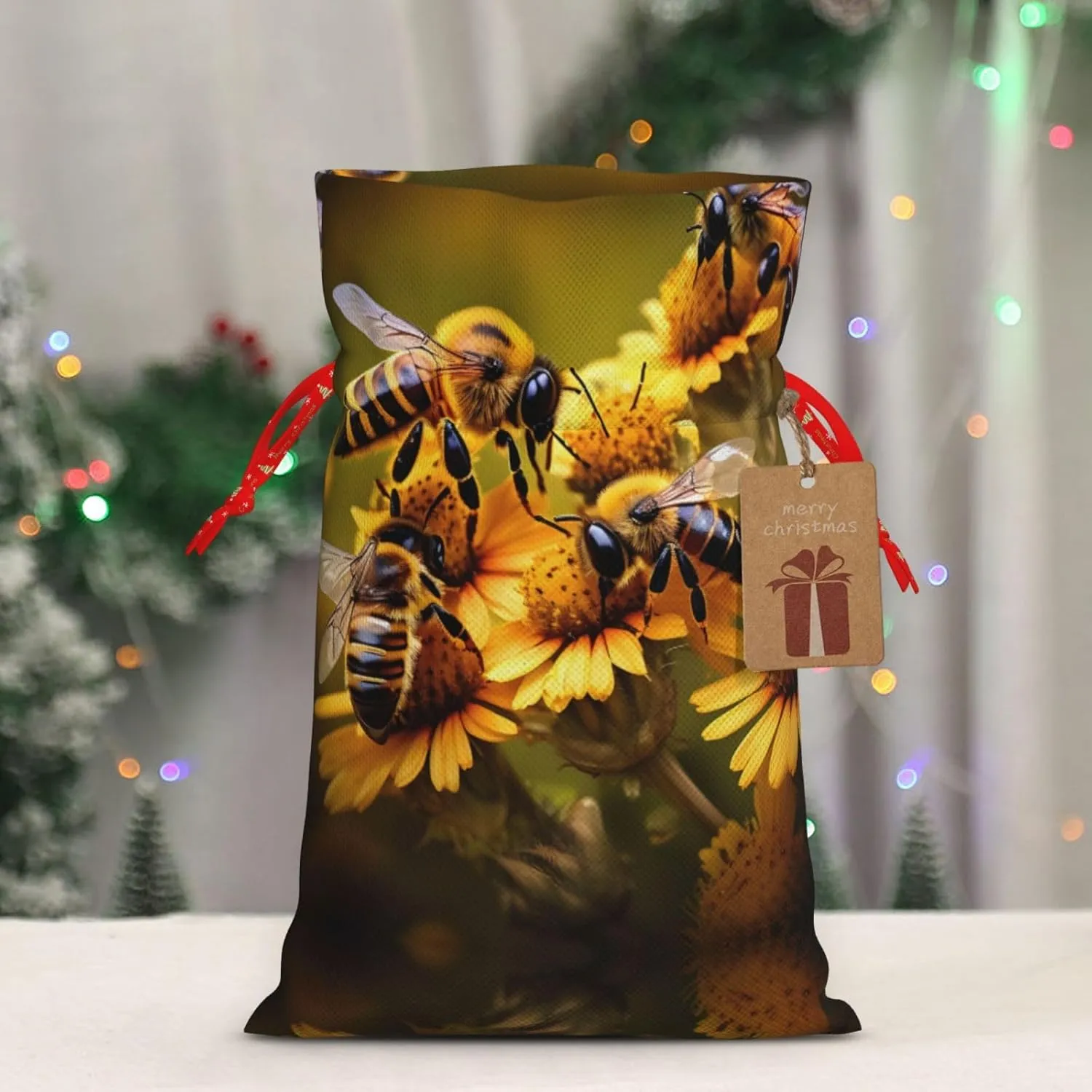 BrUgui Festive Gift Bags Set â€“ Reusable Packaging for Christmas, Birthdays, and Parties - Decorative Gift Pouches Rural Honey Bees flowers
