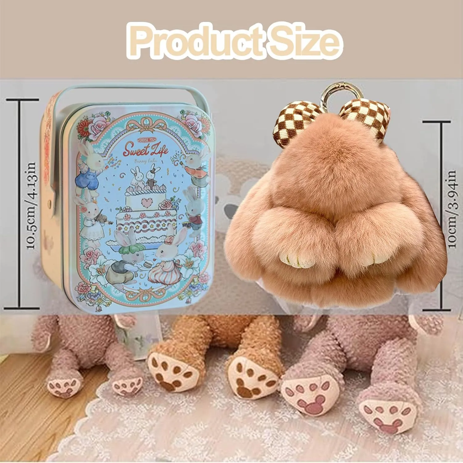 Bunny Keychain with Tin Box,2025 New Official Bunny Handmade Soft Bunny PomPom Charms Handbag Keychain Easter Gift Box