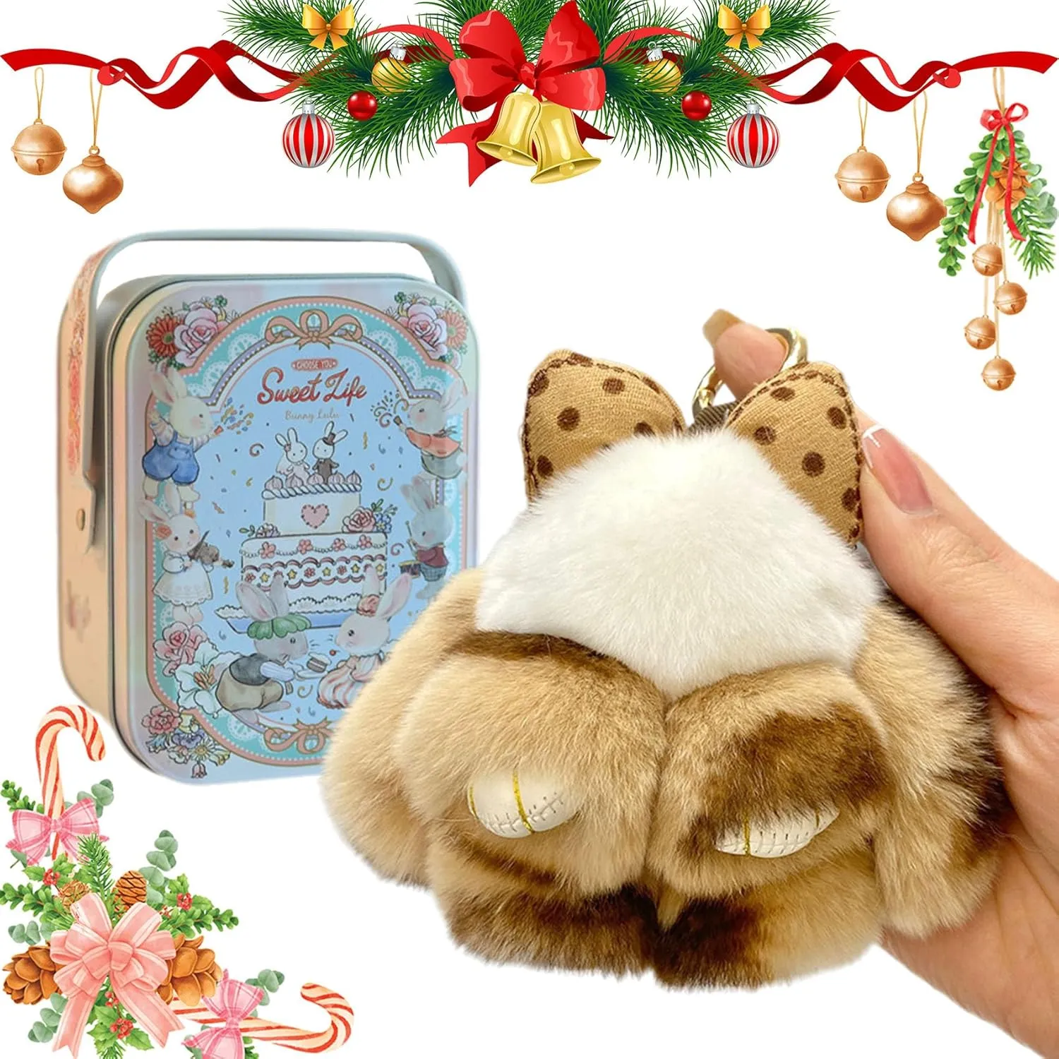 Bunny Keychain with Tin Box,2025 New Official Bunny Handmade Soft Bunny PomPom Charms Handbag Keychain Easter Gift Box