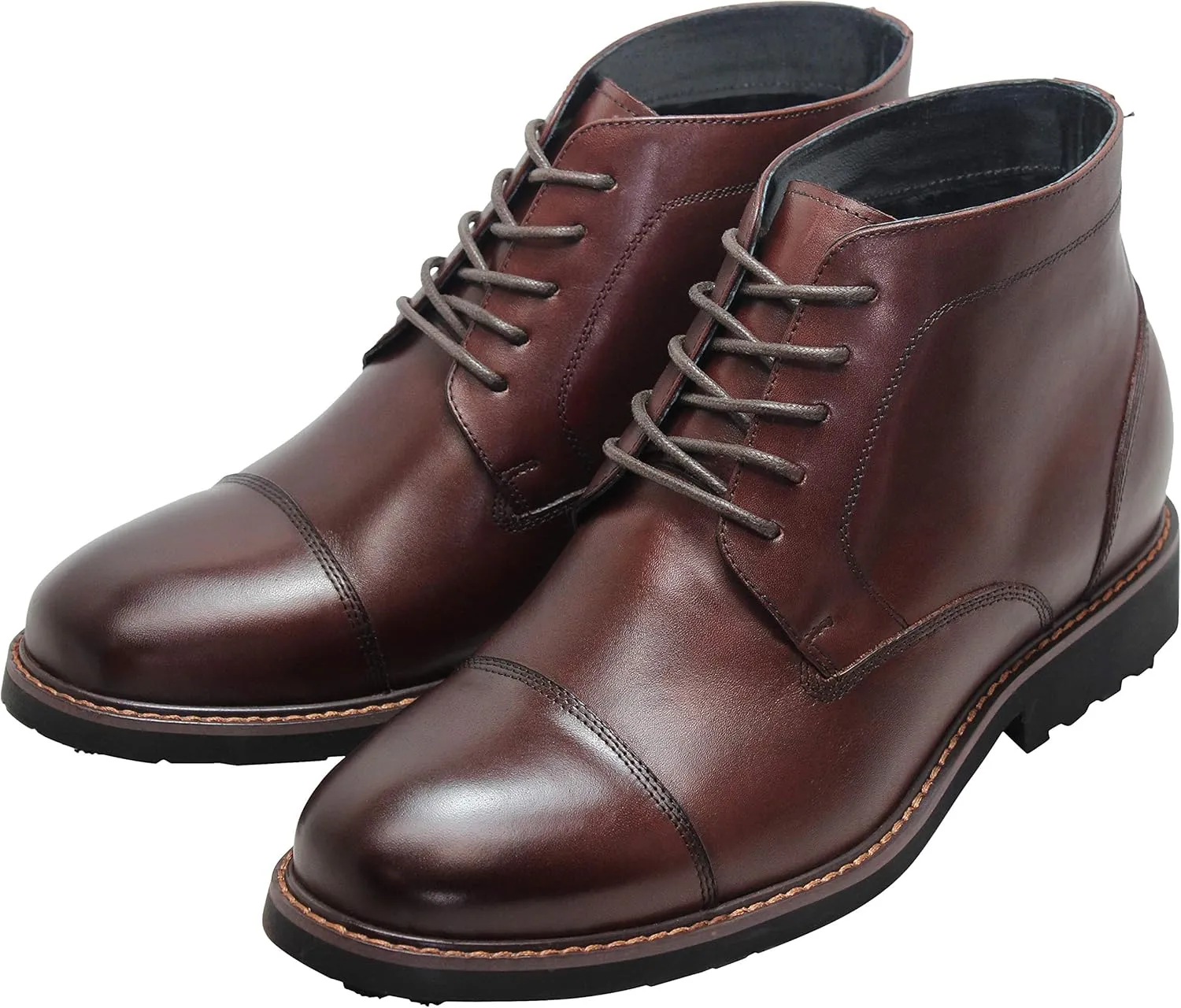 CALTO Men's Invisible Height Increasing Elevator Shoes - Dark Brown Leather Lace-up Cap-toe Boots with Inner Faux Fur - 3.2 Inches Taller - Y41081 - Size 11 D(M) US