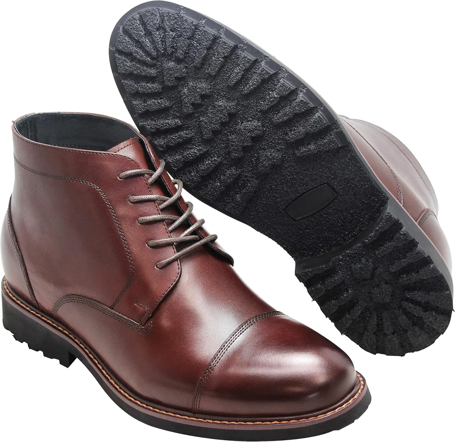CALTO Men's Invisible Height Increasing Elevator Shoes - Dark Brown Leather Lace-up Cap-toe Boots with Inner Faux Fur - 3.2 Inches Taller - Y41081 - Size 11 D(M) US