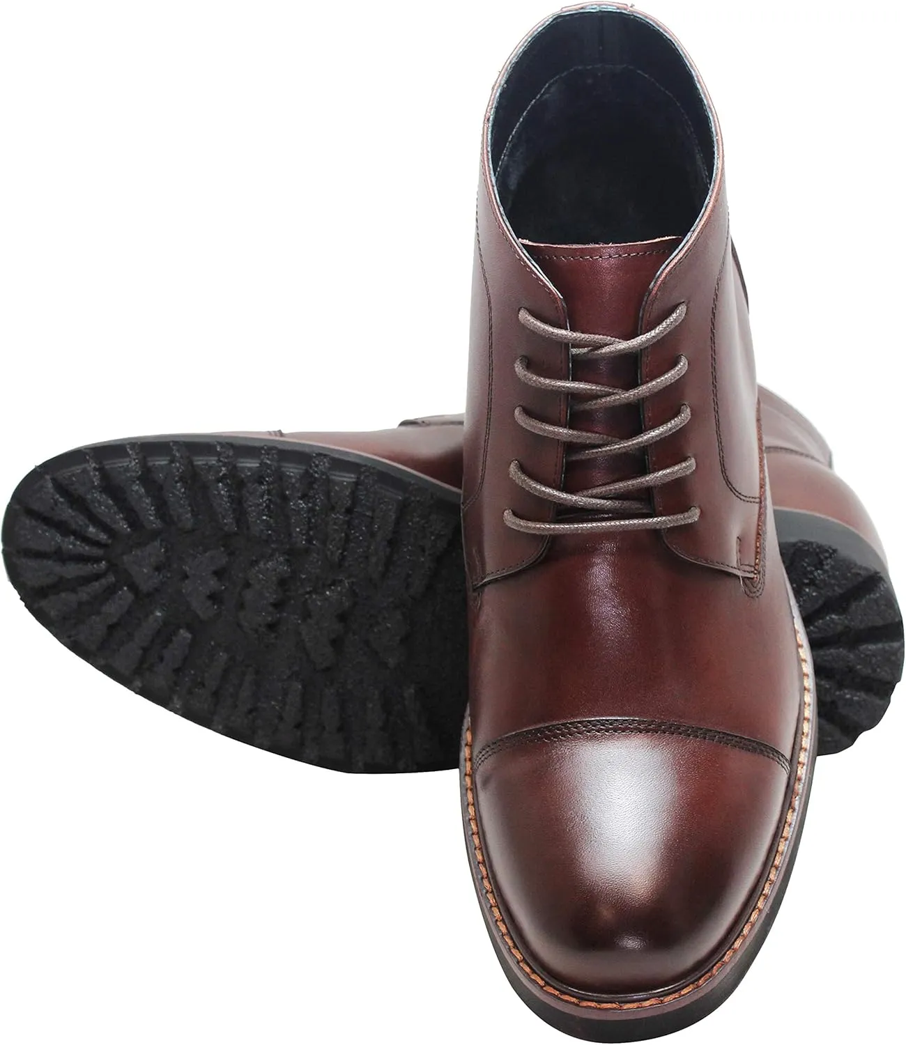 CALTO Men's Invisible Height Increasing Elevator Shoes - Dark Brown Leather Lace-up Cap-toe Boots with Inner Faux Fur - 3.2 Inches Taller - Y41081 - Size 11 D(M) US