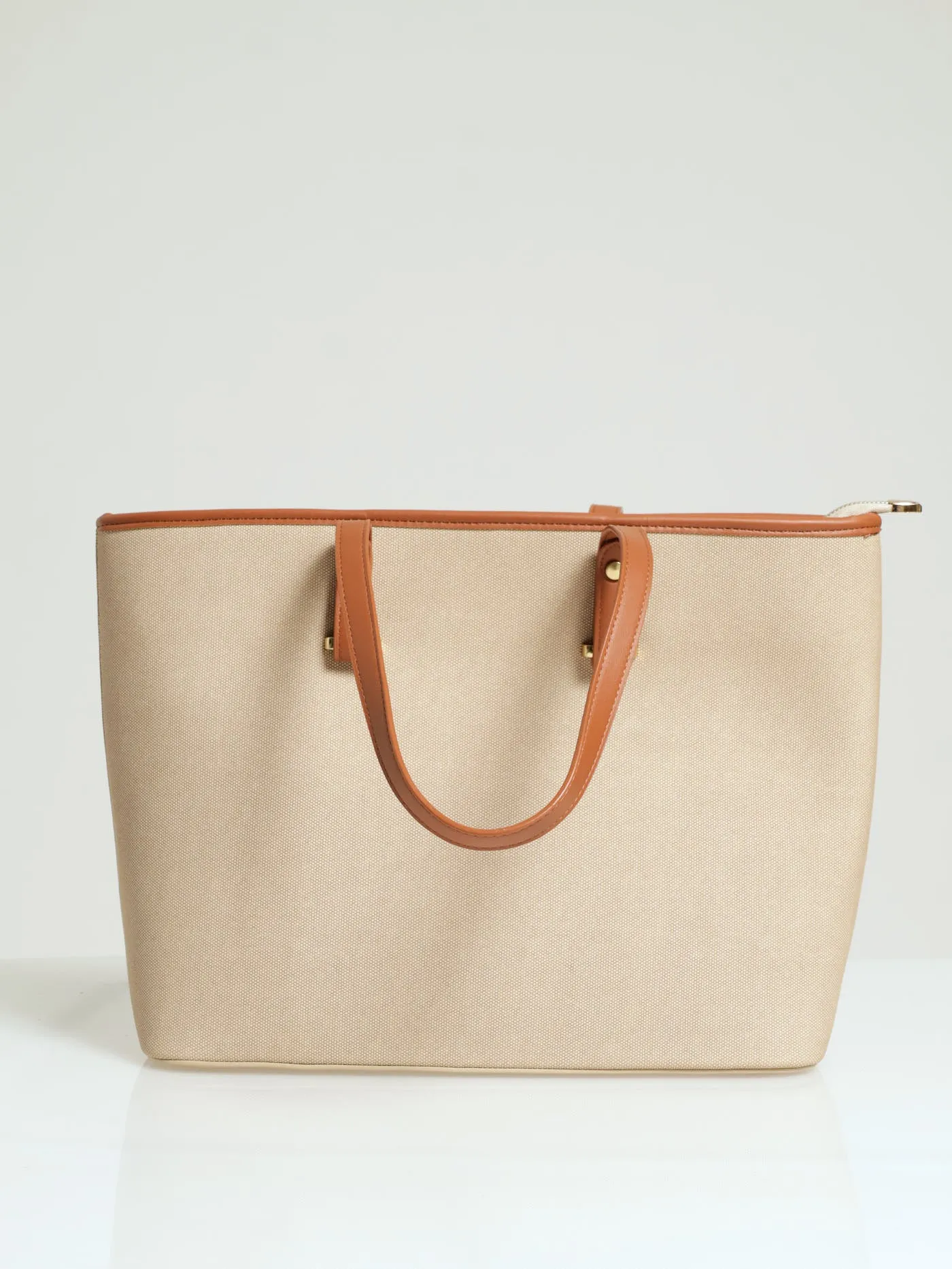Canvas Gold Trim Shopper Bag - Tan