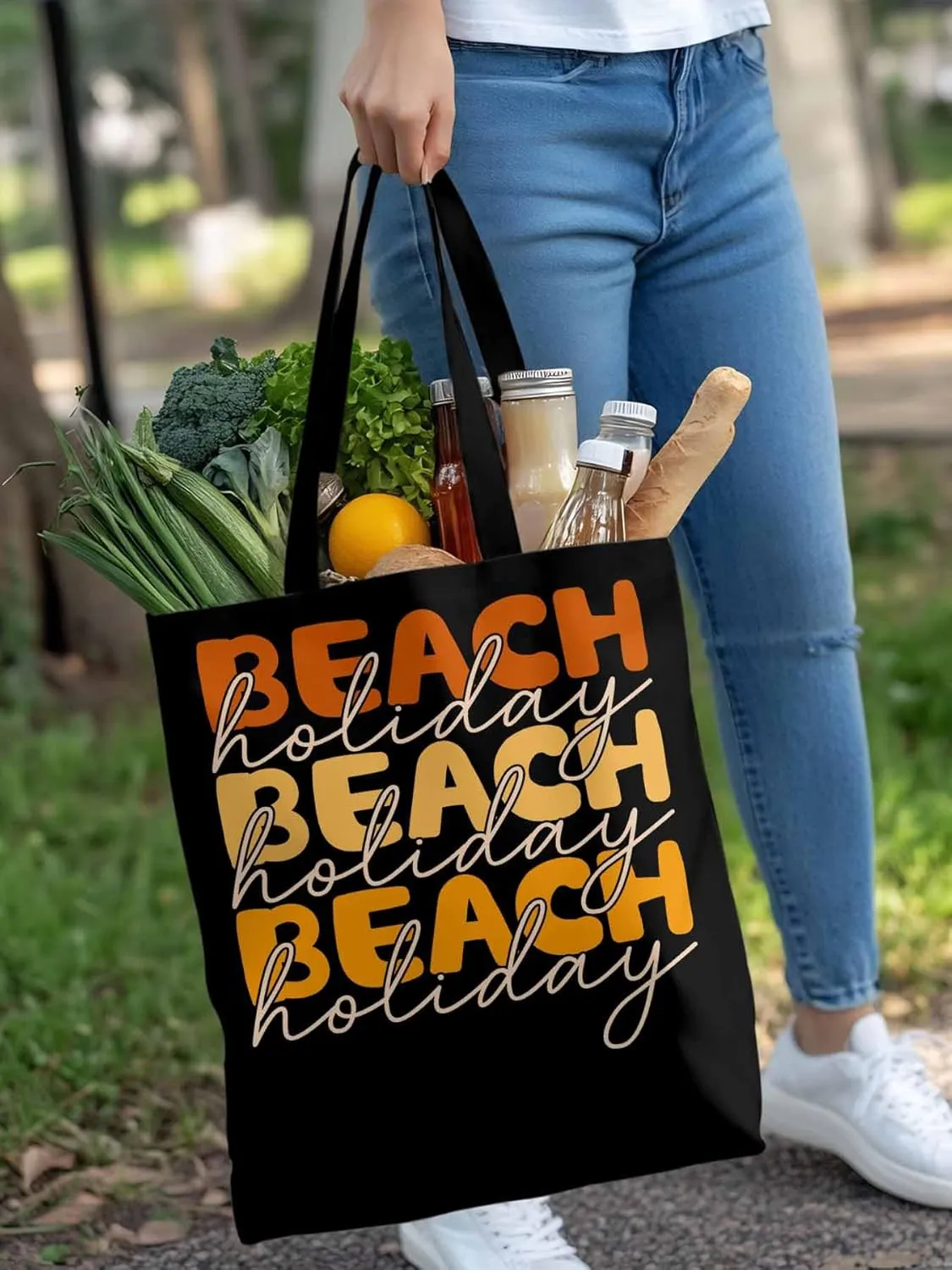Canvas Tote Bag Beach Quote Reusable Grocery Shopping Bags with Handle, Street Art Large Canvas