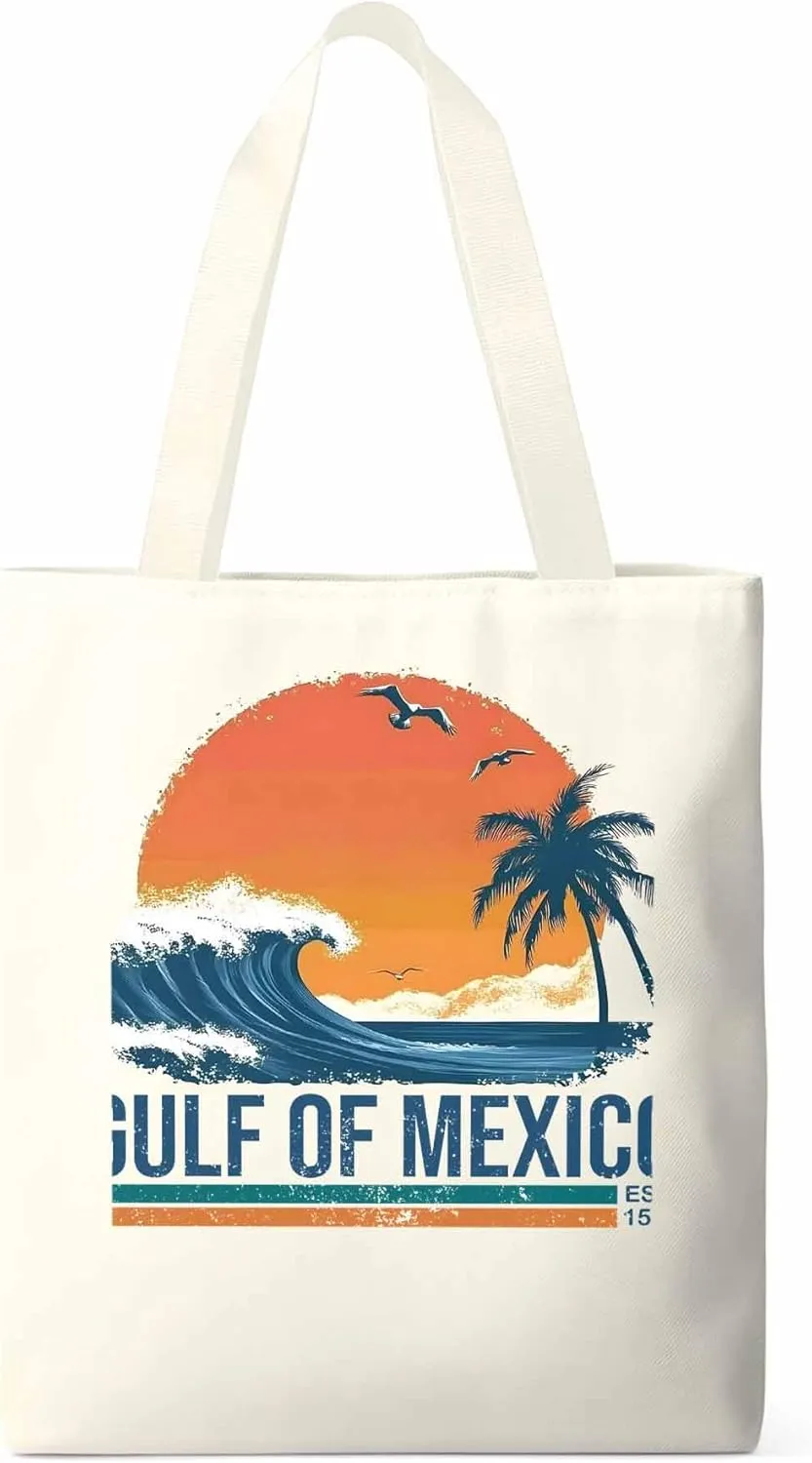 Canvas Tote Bag Beach Sunset Coconut Tree Reusable Grocery Shopping Bags with Handle, Blue Waves Large Canvas