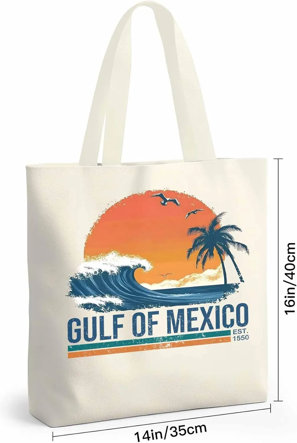 Canvas Tote Bag Beach Sunset Coconut Tree Reusable Grocery Shopping Bags with Handle, Blue Waves Large Canvas