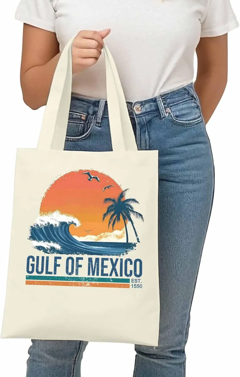 Canvas Tote Bag Beach Sunset Coconut Tree Reusable Grocery Shopping Bags with Handle, Blue Waves Large Canvas