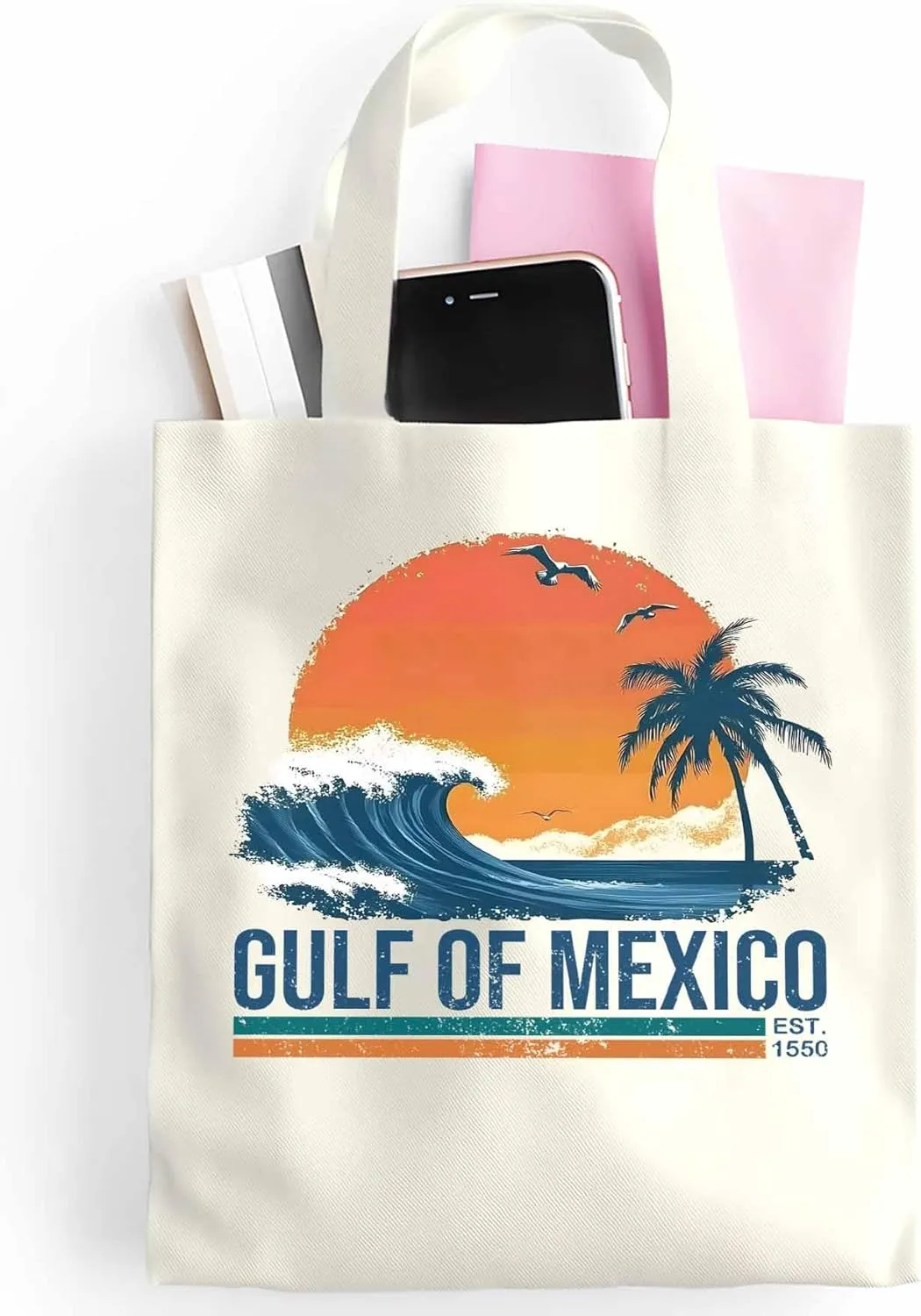 Canvas Tote Bag Beach Sunset Coconut Tree Reusable Grocery Shopping Bags with Handle, Blue Waves Large Canvas