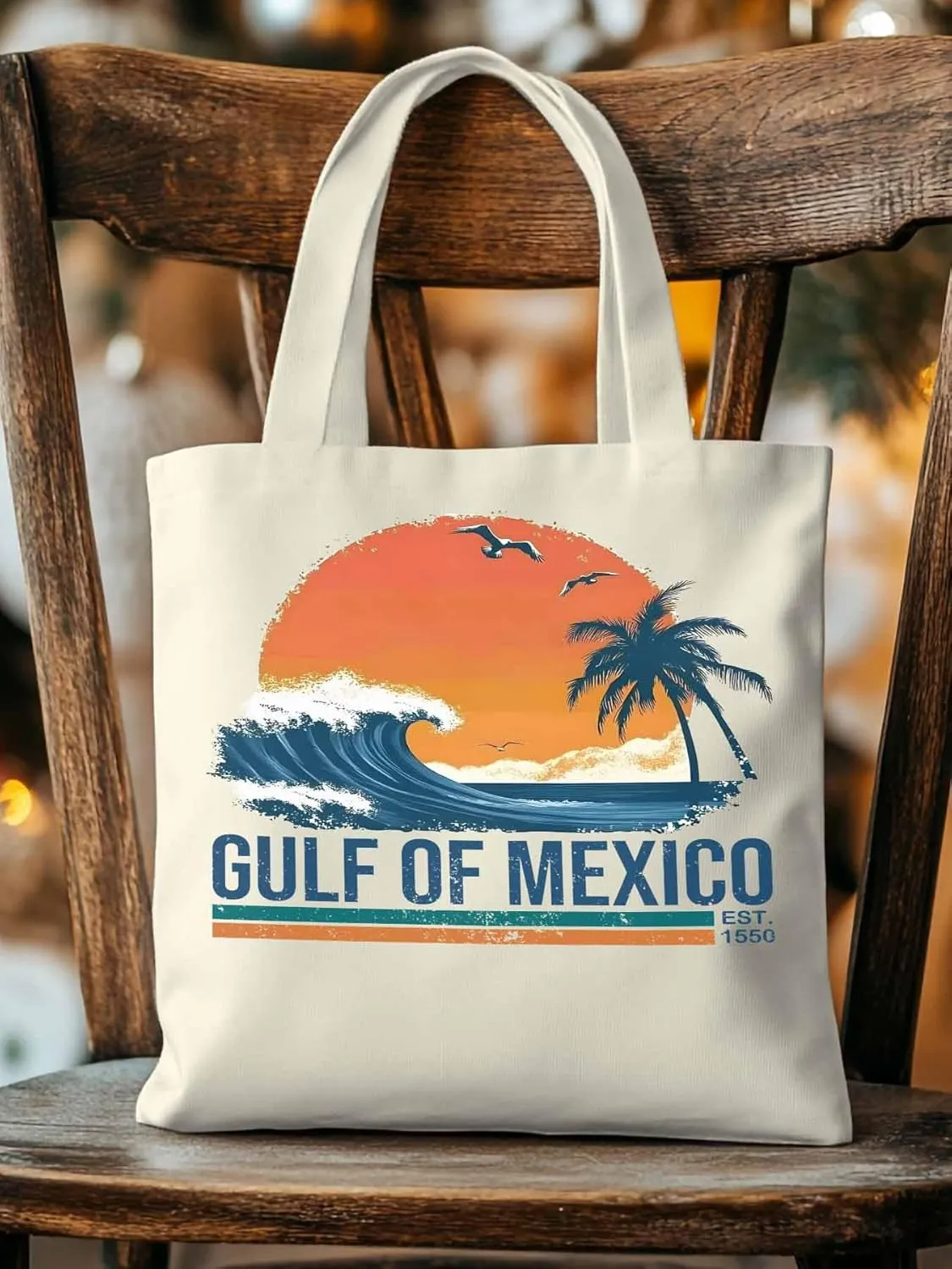 Canvas Tote Bag Beach Sunset Coconut Tree Reusable Grocery Shopping Bags with Handle, Blue Waves Large Canvas