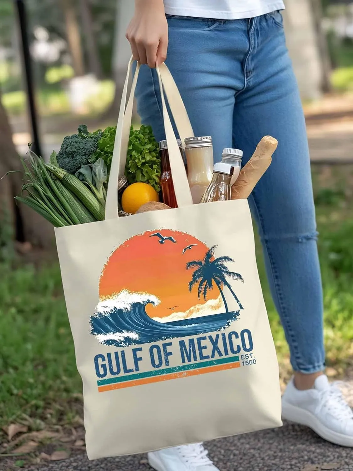 Canvas Tote Bag Beach Sunset Coconut Tree Reusable Grocery Shopping Bags with Handle, Blue Waves Large Canvas