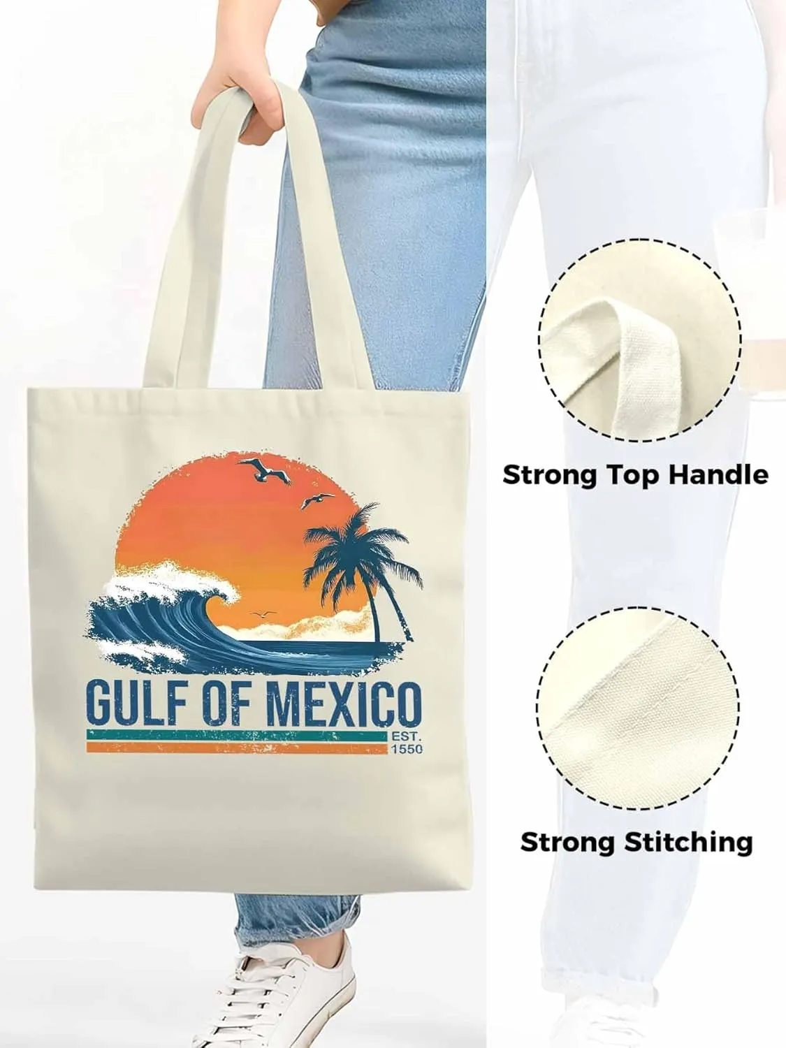 Canvas Tote Bag Beach Sunset Coconut Tree Reusable Grocery Shopping Bags with Handle, Blue Waves Large Canvas
