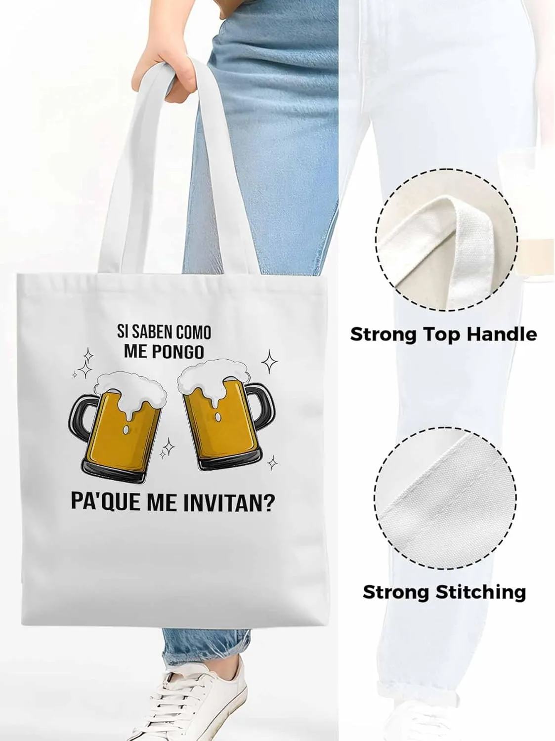 Canvas Tote Bag Beer Celebration Reusable Grocery Shopping Bags with Handle, Fun Word Large Canvas
