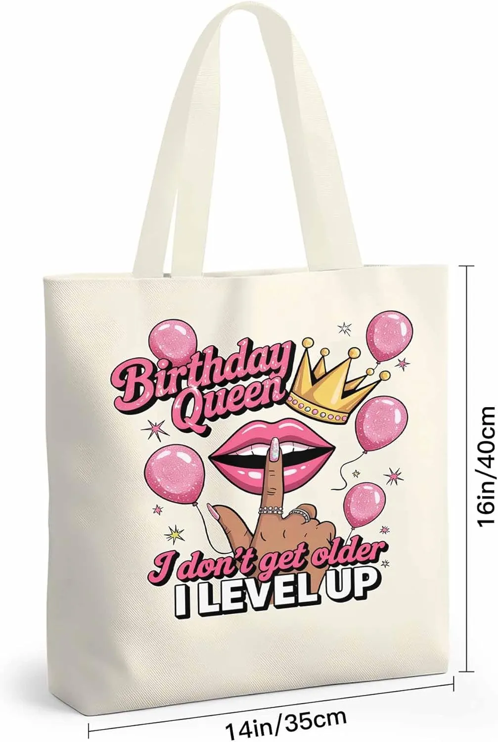 Canvas Tote Bag Birthday Queen Crown Lips Reusable Grocery Shopping Bags with Handle, Pink Balloon Large Canvas