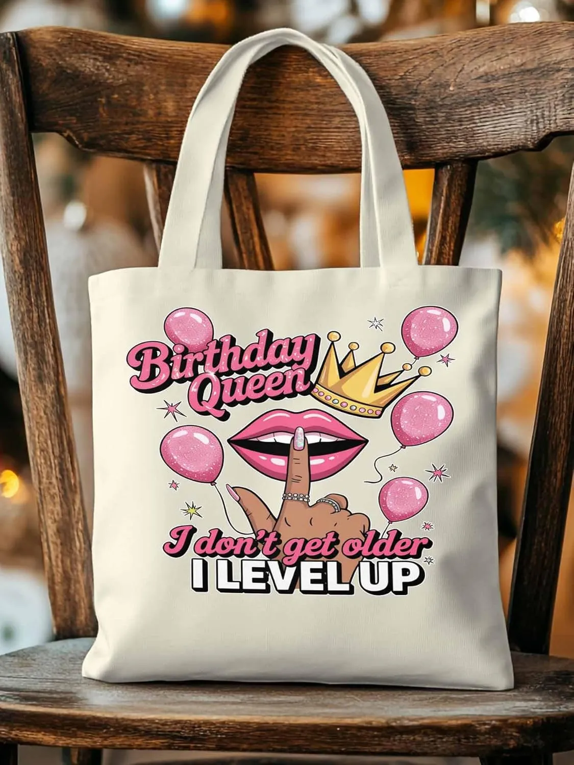 Canvas Tote Bag Birthday Queen Crown Lips Reusable Grocery Shopping Bags with Handle, Pink Balloon Large Canvas