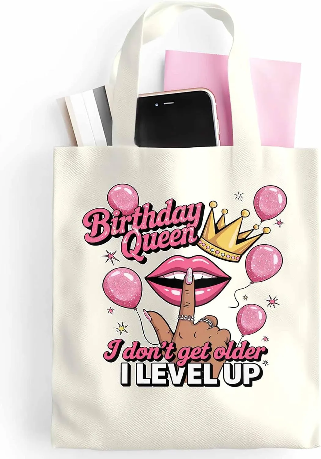 Canvas Tote Bag Birthday Queen Crown Lips Reusable Grocery Shopping Bags with Handle, Pink Balloon Large Canvas