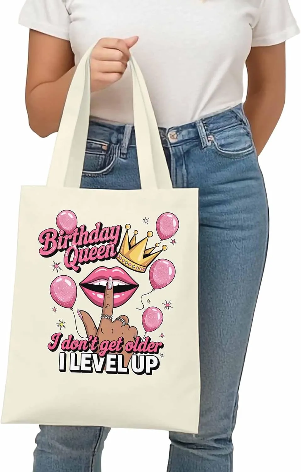 Canvas Tote Bag Birthday Queen Crown Lips Reusable Grocery Shopping Bags with Handle, Pink Balloon Large Canvas