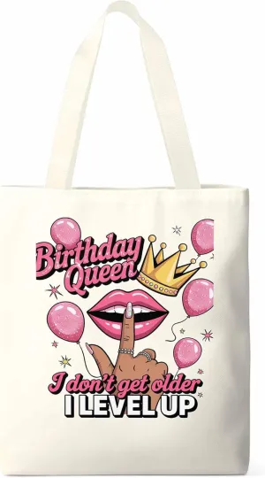Canvas Tote Bag Birthday Queen Crown Lips Reusable Grocery Shopping Bags with Handle, Pink Balloon Large Canvas