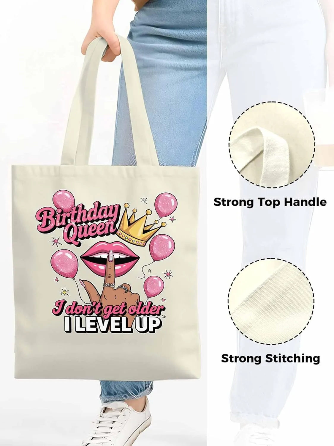 Canvas Tote Bag Birthday Queen Crown Lips Reusable Grocery Shopping Bags with Handle, Pink Balloon Large Canvas