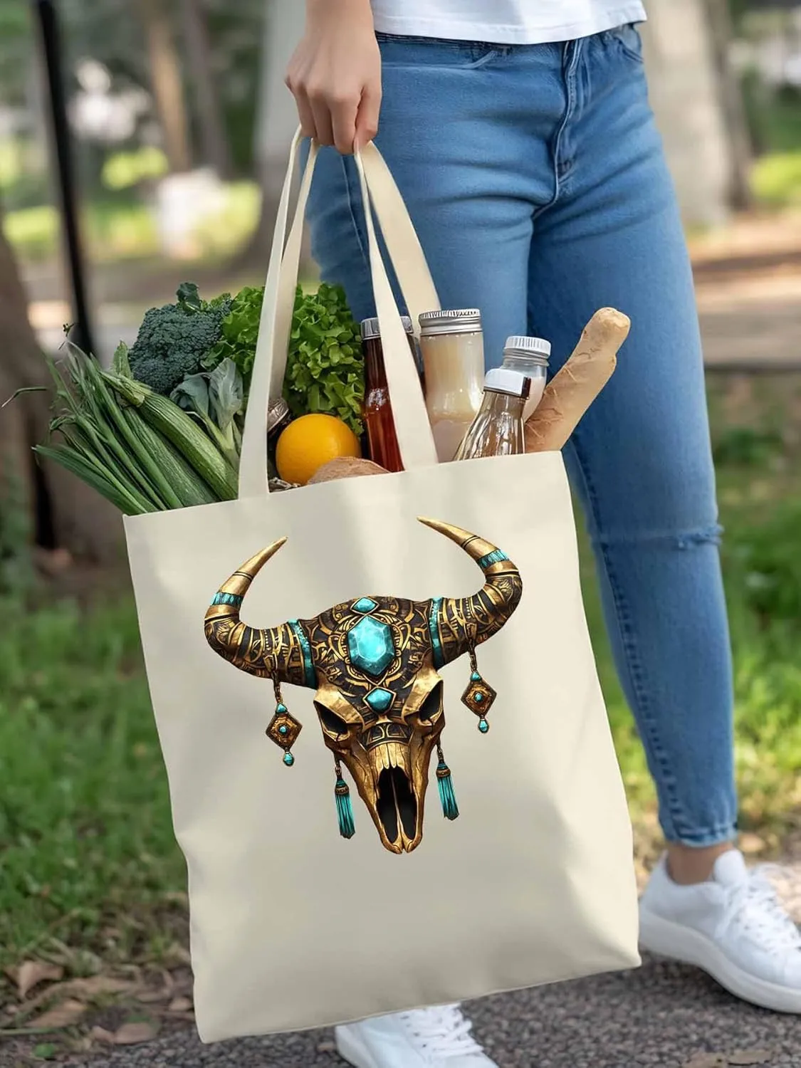 Canvas Tote Bag, Boho Cow Skull Print Aesthetic Canvas Tote Handbags for Women Shoulder Bag,