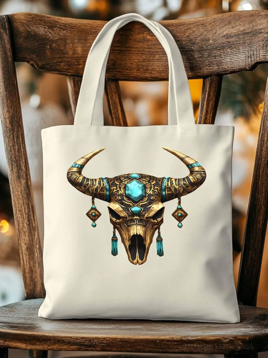 Canvas Tote Bag, Boho Cow Skull Print Aesthetic Canvas Tote Handbags for Women Shoulder Bag,