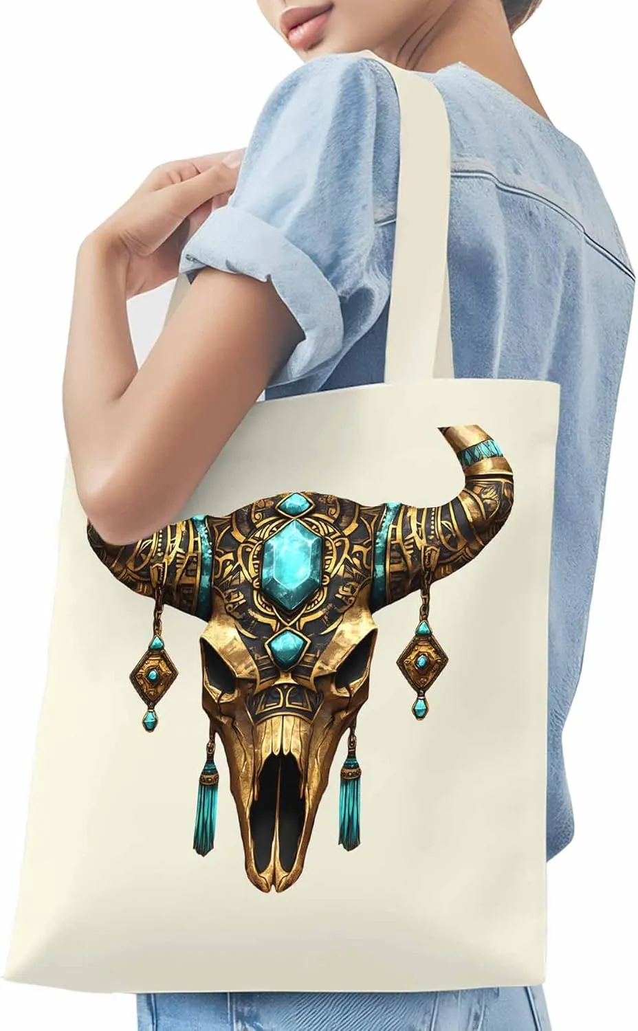 Canvas Tote Bag, Boho Cow Skull Print Aesthetic Canvas Tote Handbags for Women Shoulder Bag,