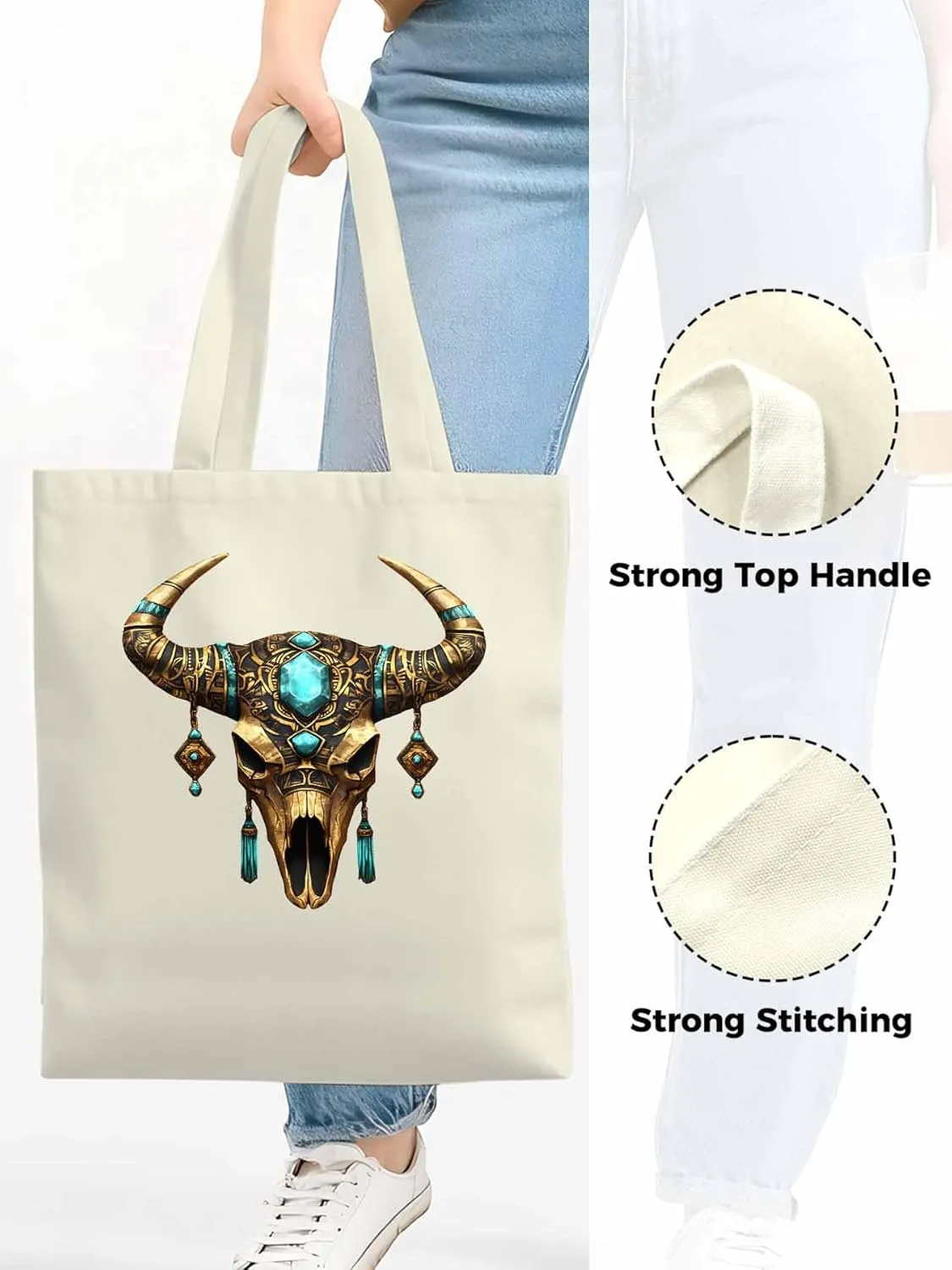Canvas Tote Bag, Boho Cow Skull Print Aesthetic Canvas Tote Handbags for Women Shoulder Bag,
