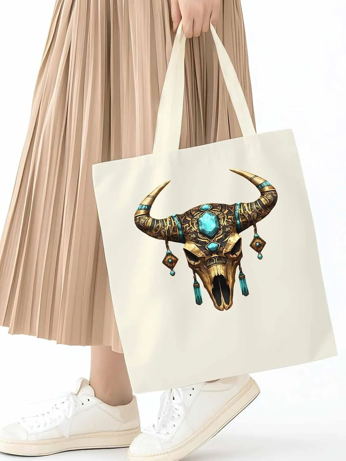 Canvas Tote Bag, Boho Cow Skull Print Aesthetic Canvas Tote Handbags for Women Shoulder Bag,