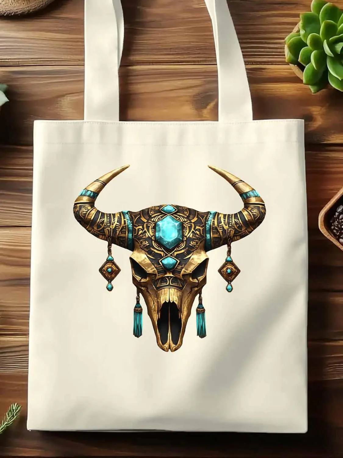 Canvas Tote Bag, Boho Cow Skull Print Aesthetic Canvas Tote Handbags for Women Shoulder Bag,