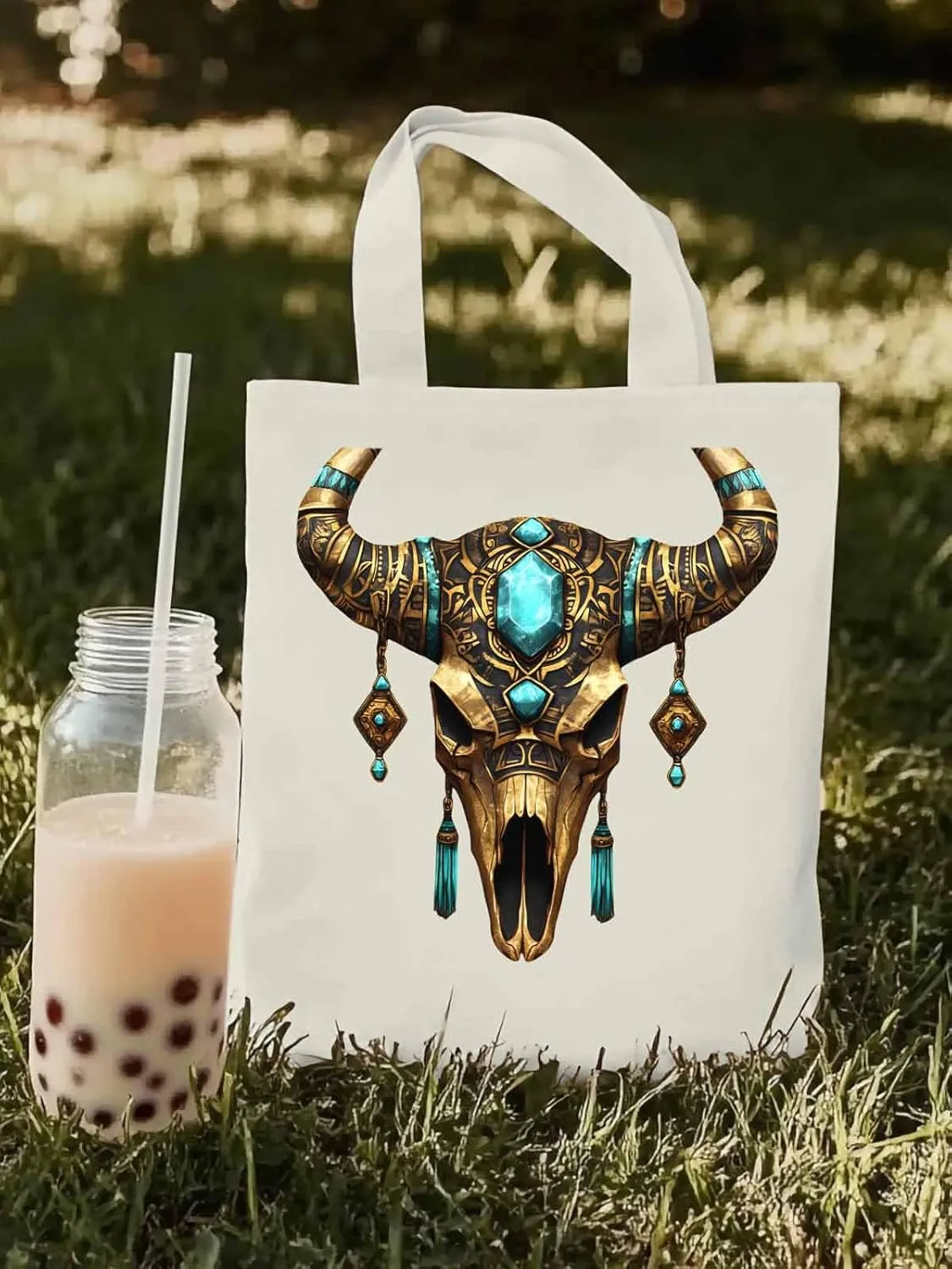 Canvas Tote Bag, Boho Cow Skull Print Aesthetic Canvas Tote Handbags for Women Shoulder Bag,