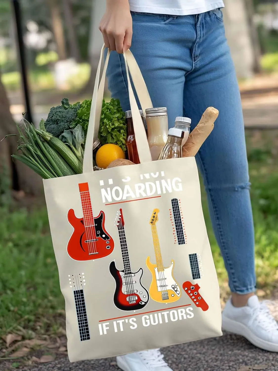 Canvas Tote Bag Guitar Watercolor Reusable Grocery Shopping Bags with Handle, Music Lover Large Canvas