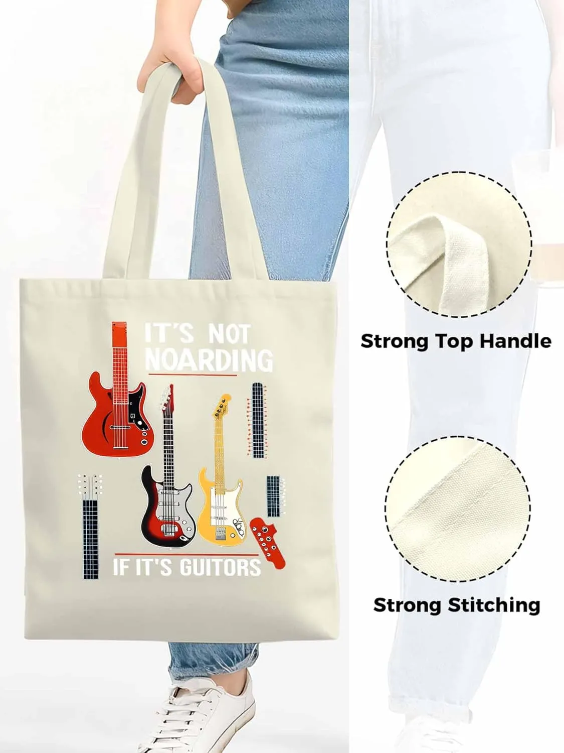Canvas Tote Bag Guitar Watercolor Reusable Grocery Shopping Bags with Handle, Music Lover Large Canvas
