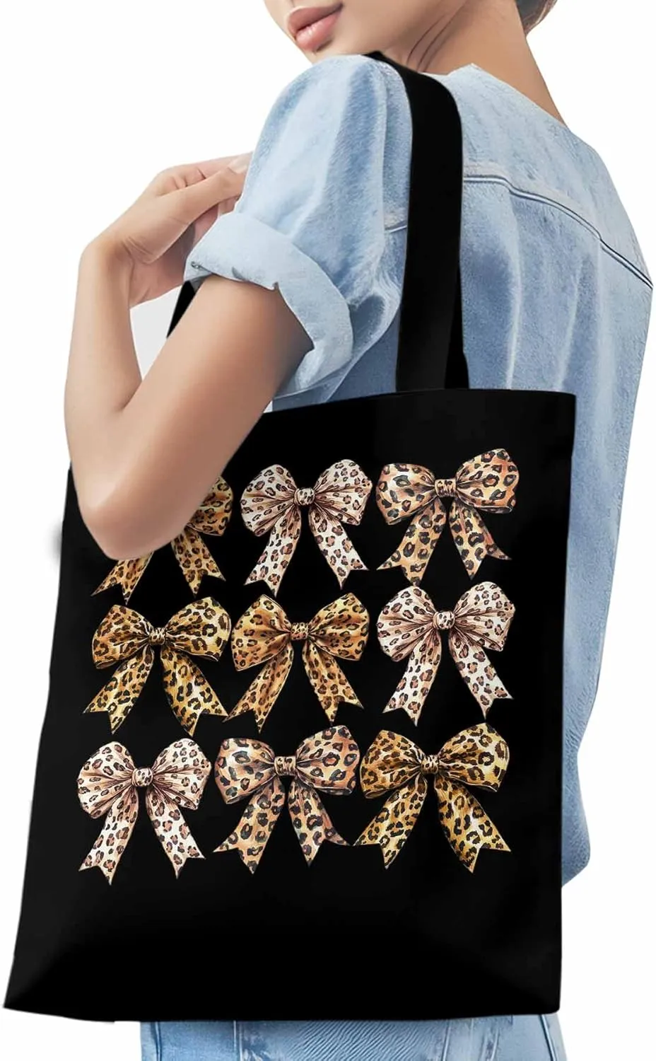 Canvas Tote Bag Leopard Bow Reusable Grocery Shopping Bags with Handle, Animal Print Large Canvas