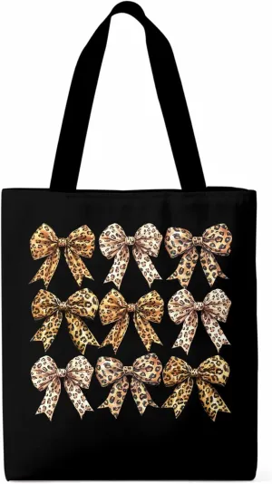 Canvas Tote Bag Leopard Bow Reusable Grocery Shopping Bags with Handle, Animal Print Large Canvas