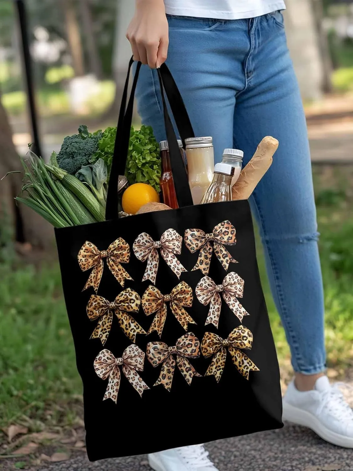 Canvas Tote Bag Leopard Bow Reusable Grocery Shopping Bags with Handle, Animal Print Large Canvas