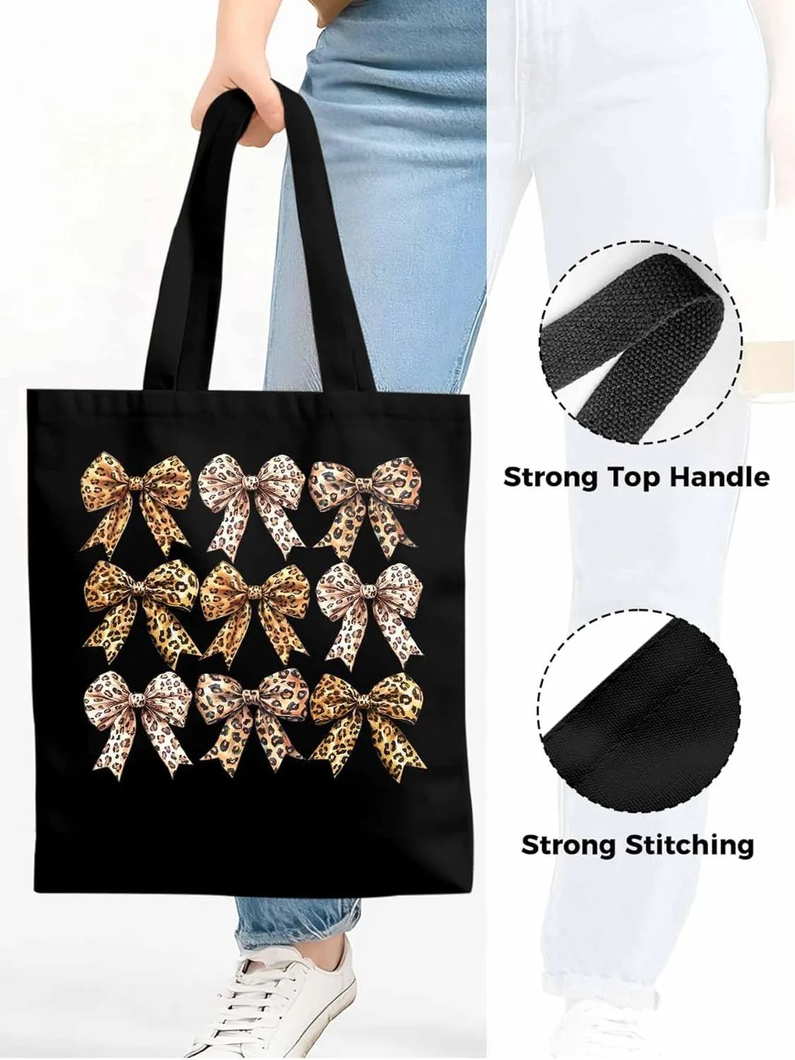 Canvas Tote Bag Leopard Bow Reusable Grocery Shopping Bags with Handle, Animal Print Large Canvas
