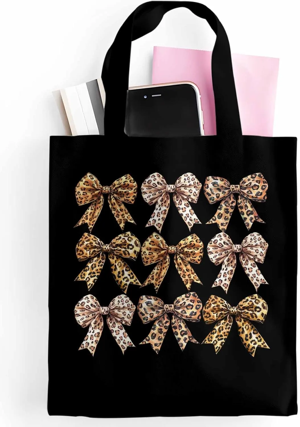 Canvas Tote Bag Leopard Bow Reusable Grocery Shopping Bags with Handle, Animal Print Large Canvas