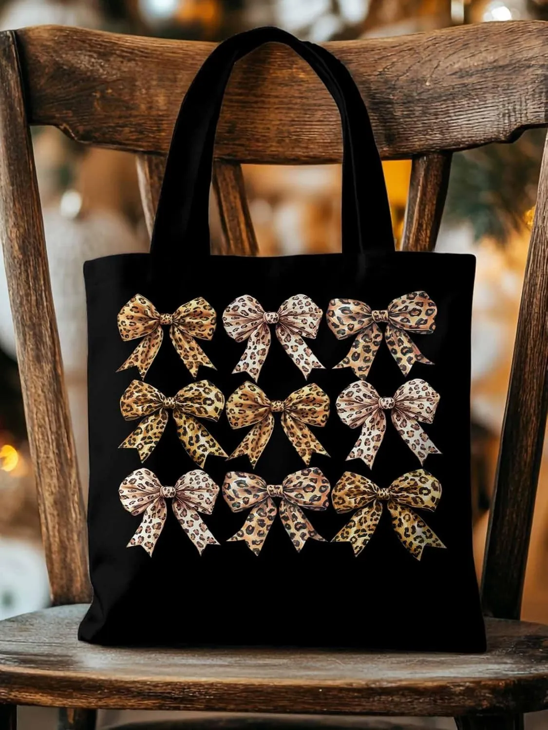 Canvas Tote Bag Leopard Bow Reusable Grocery Shopping Bags with Handle, Animal Print Large Canvas