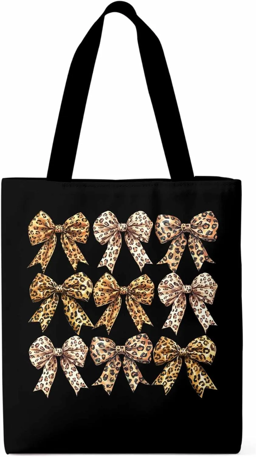 Canvas Tote Bag Leopard Bow Reusable Grocery Shopping Bags with Handle, Animal Print Large Canvas